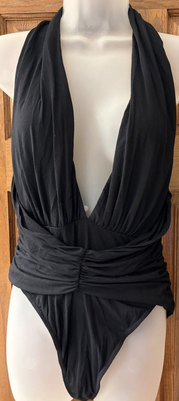 NBD Laura Bodysuit NWT Black Plunging Neckline Thong Back Halter Neck Ruched